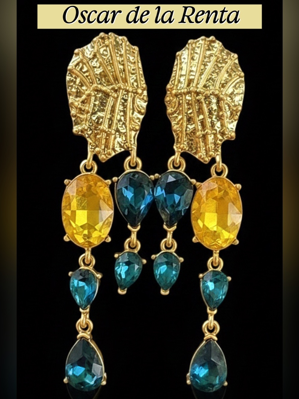 Oscar de la Renta Gold Tone Drop Earrings Citrine /Capri Blue Crystals⭐️ CLIP ON - Picture 12 of 12